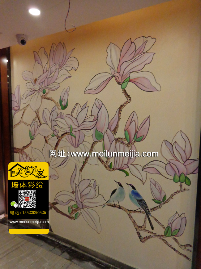 天津栀子花手绘墙花鸟工笔画墙绘高尔夫大酒店墙体彩绘2013最新墙面