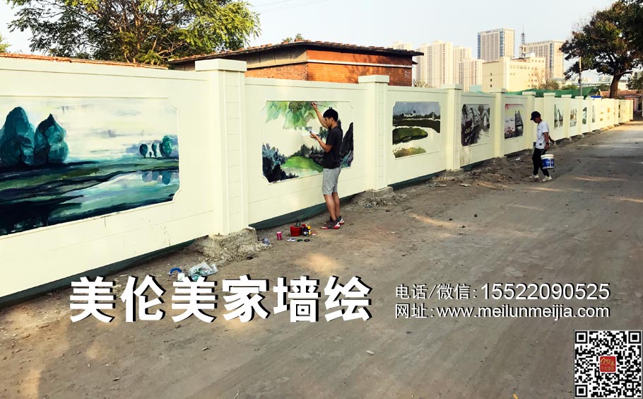 天津墙体彩绘,河北墙体彩绘,北京墙绘,文化墙彩绘,运河手绘墙,小河流墙绘,树木墙体彩绘,河流壁画