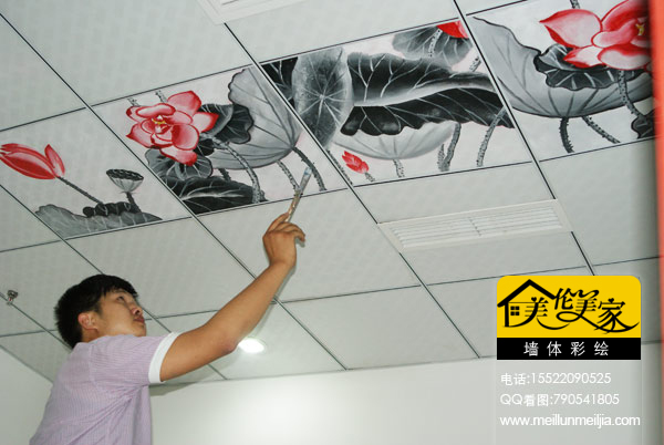 室内吊顶墙体彩绘水墨荷花墙绘手绘墙墙画墙面彩绘